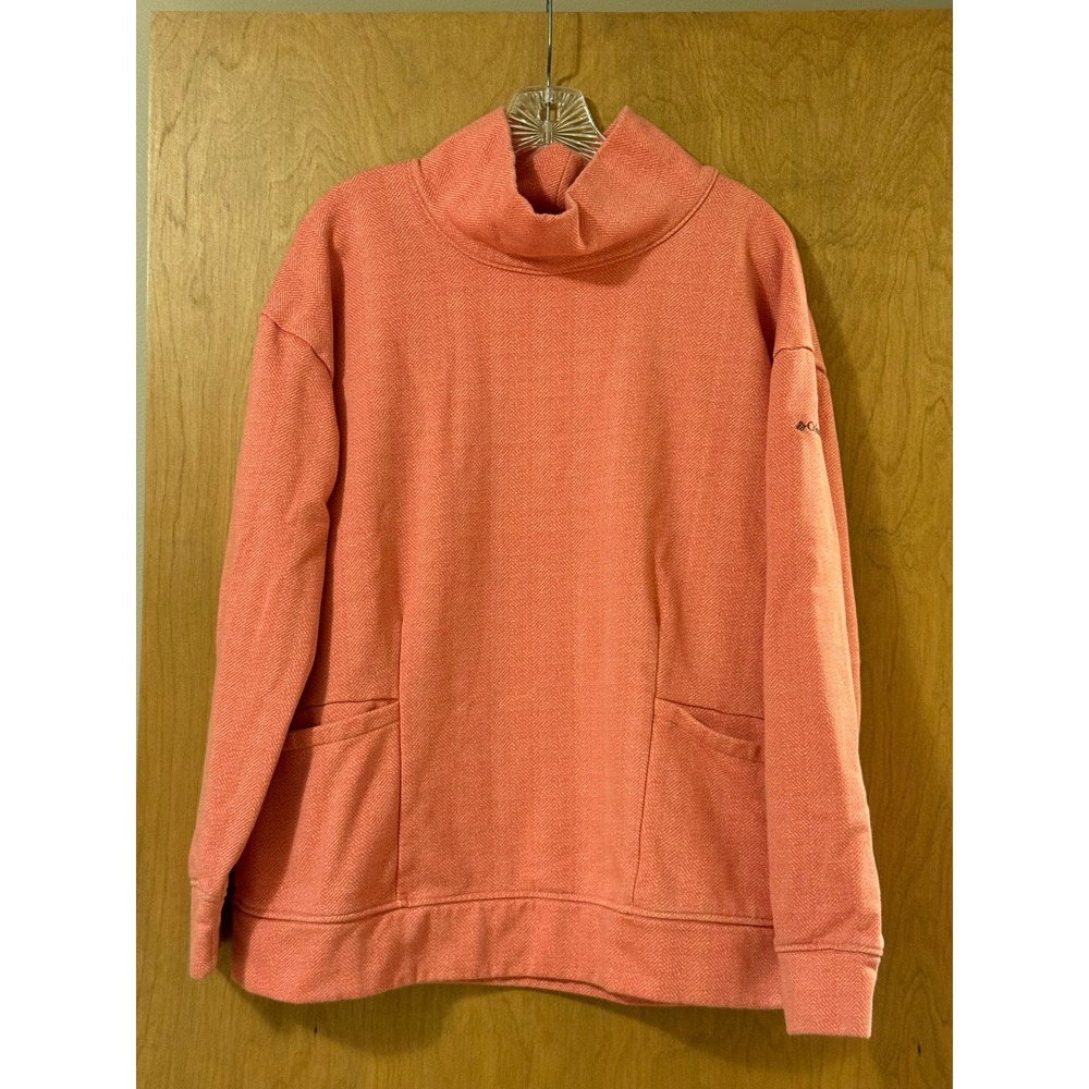 Columbia Womens XL Coral Pink Herringbone Funnel Neck Pullover Sweatshirt Pocket
